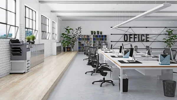 Modern Loft Kantoorinterieur Rendering Ontwerp Concept — Stockfoto