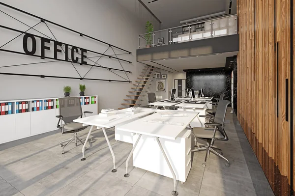 Modern Loft Kantoorinterieur Rendering Ontwerp Concept — Stockfoto