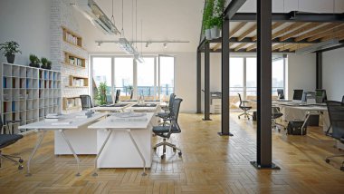 Çağdaş ofis içi. 3d tasarım kavramı