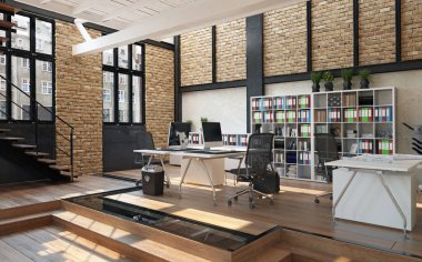Çağdaş ofis içi. 3d tasarım kavramı