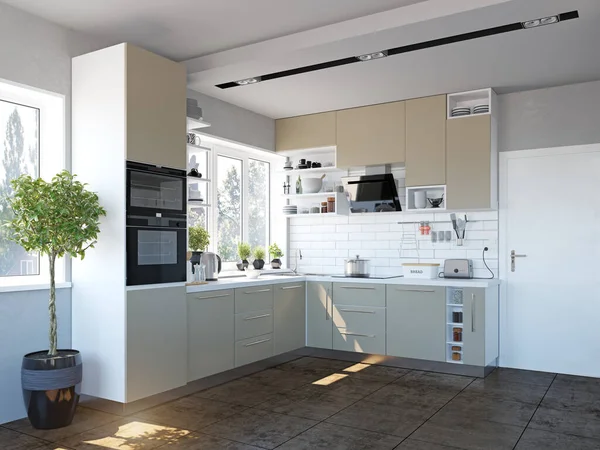 Modern Kitchen Interior Rendering Concept — Stock Photo, Image