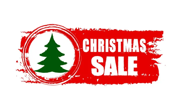 Christmas sale and christmas tree on red drawn banner, vector — Stock Vector