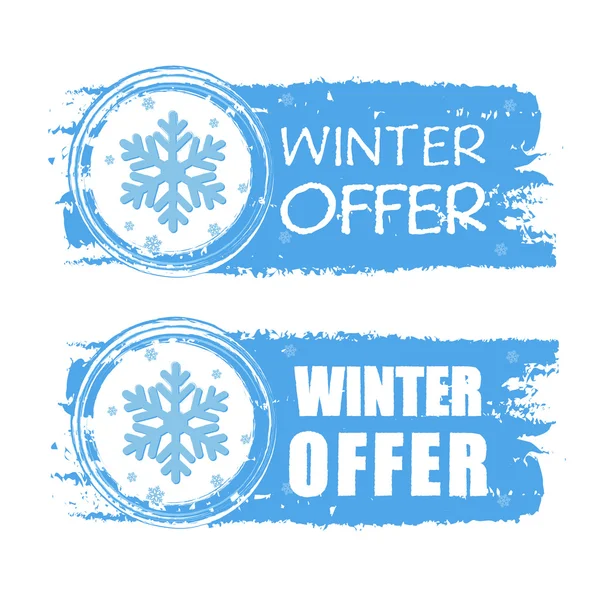 Offerta invernale con fiocco di neve su striscioni disegnati blu, vettore — Vettoriale Stock