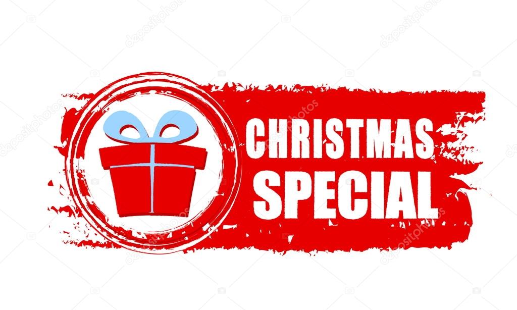 christmas special and gift box on red drawn banner, vector