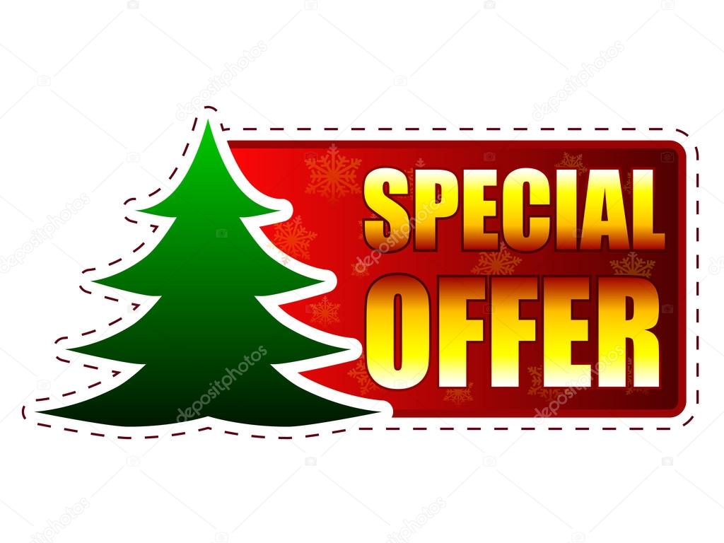 special offer and christmas tree on red banner with snowflakes, 