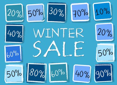 winter sale and percentages in squares - retro blue label, vecto clipart