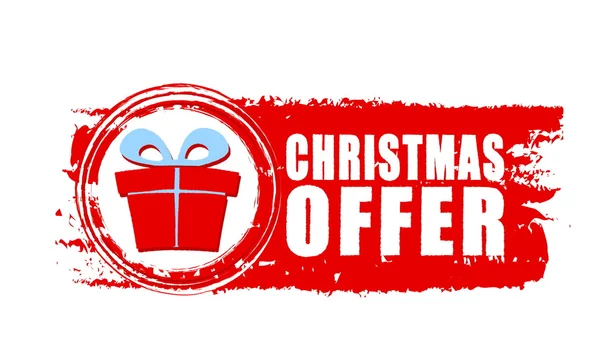Oferta de Navidad y caja de regalo en banner rojo dibujado, vector — Archivo Imágenes Vectoriales