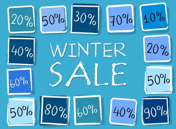 Venda de inverno e percentagens em quadrados - etiqueta azul retro, vecto — Vetor de Stock