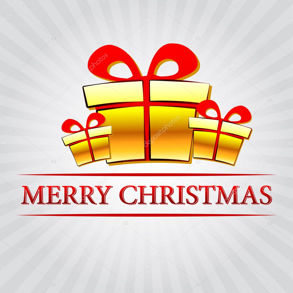 merry christmas with golden gift boxes over silver rays, vector