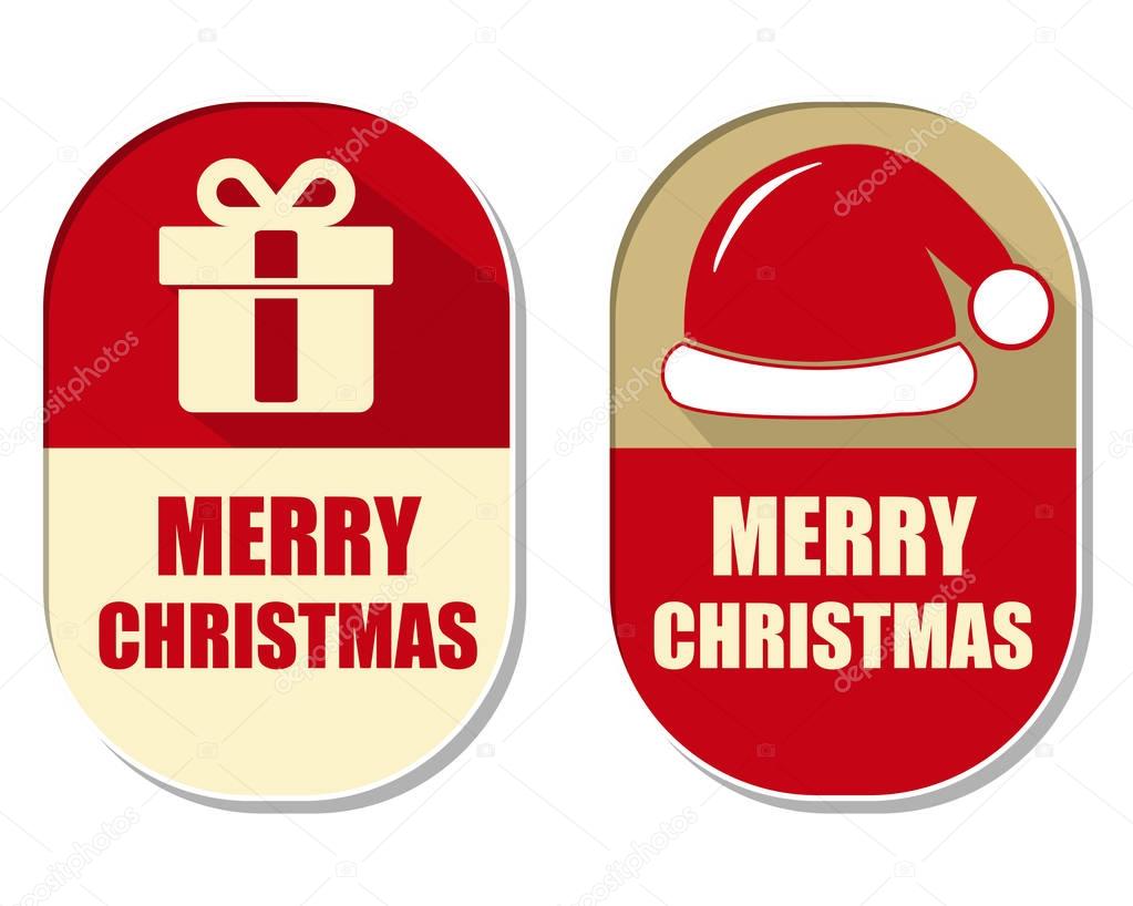 merry christmas with gift sign and red hat, vector