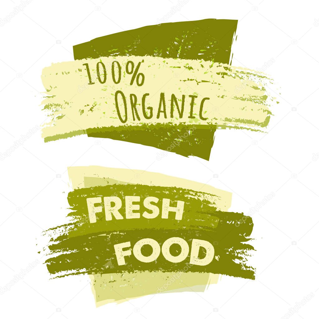 100 percent organic and fresh food, two drawn banners, vector