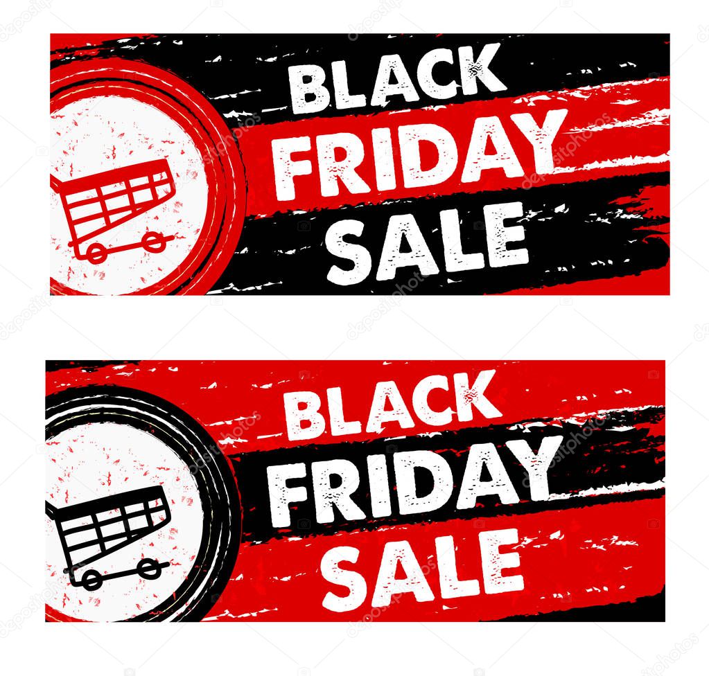 black friday sale with shopping cart, drawn banners, vecto