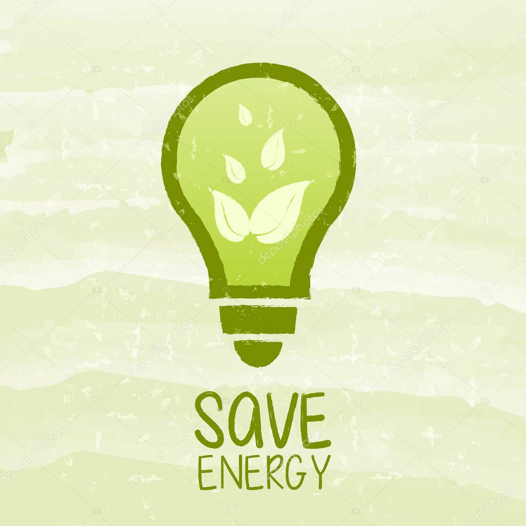 save energy and bulb symbol with leaf signs over green grunge ba