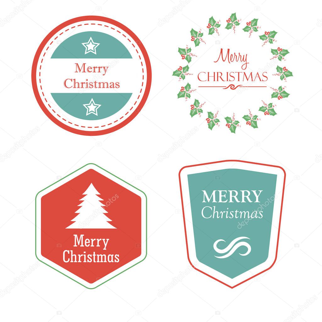 merry christmas in holiday labels with christmas tree, star, mis