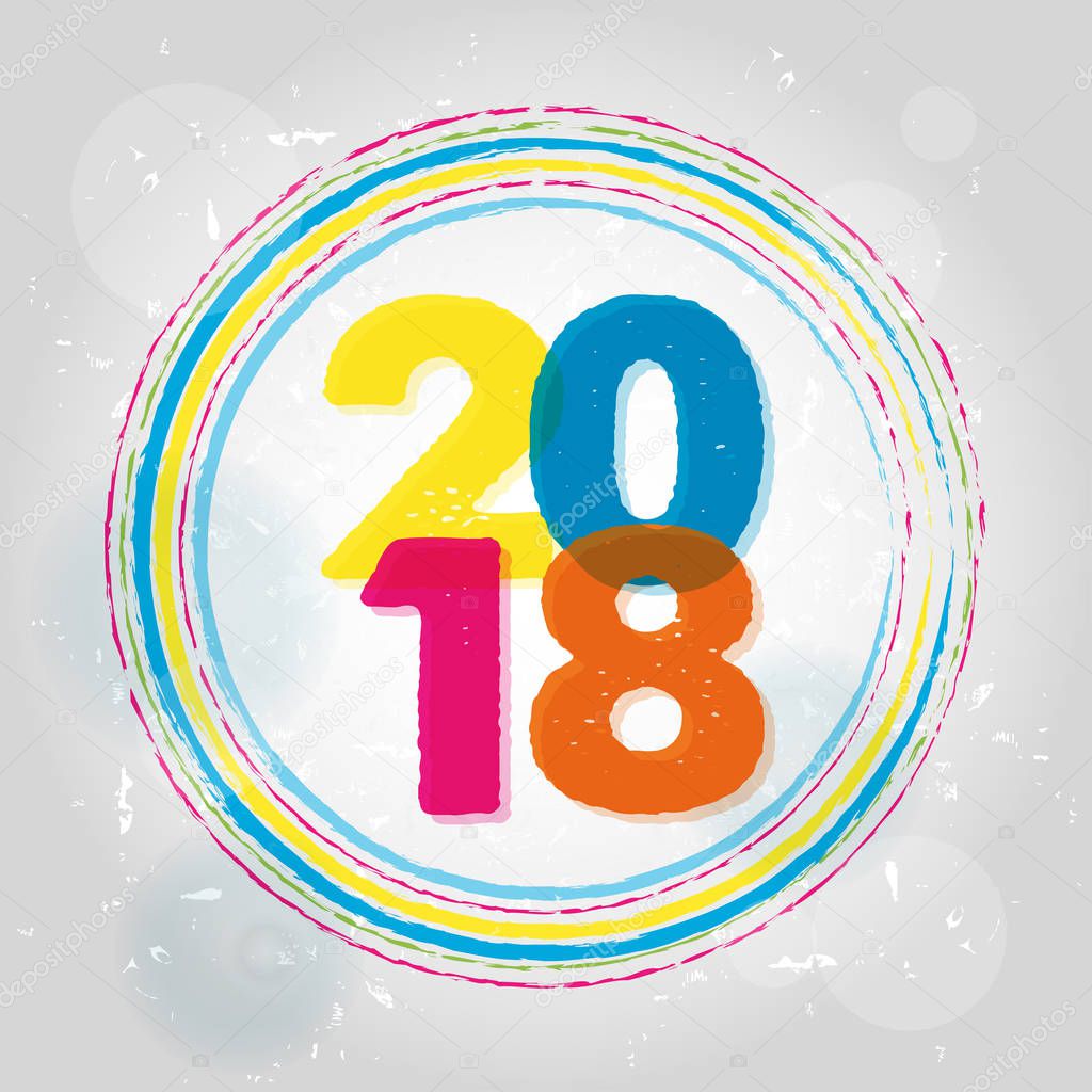 happy new year 2018 in rings, motley drawn banner, vector