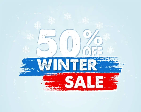 50 procent off sprzedaż zimowych w niebieski transparent ciągnione — Zdjęcie stockowe