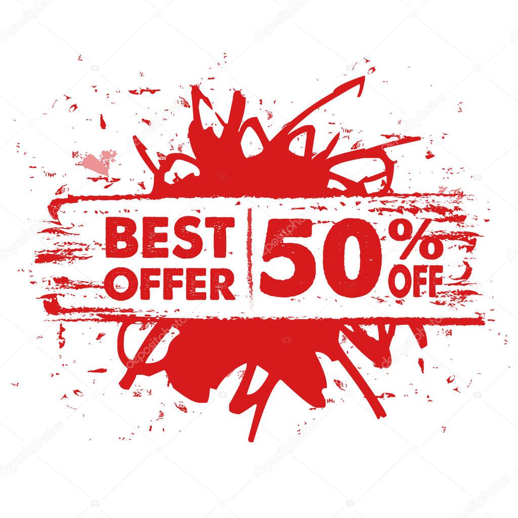 best offer 50 percent off in red banner, vector