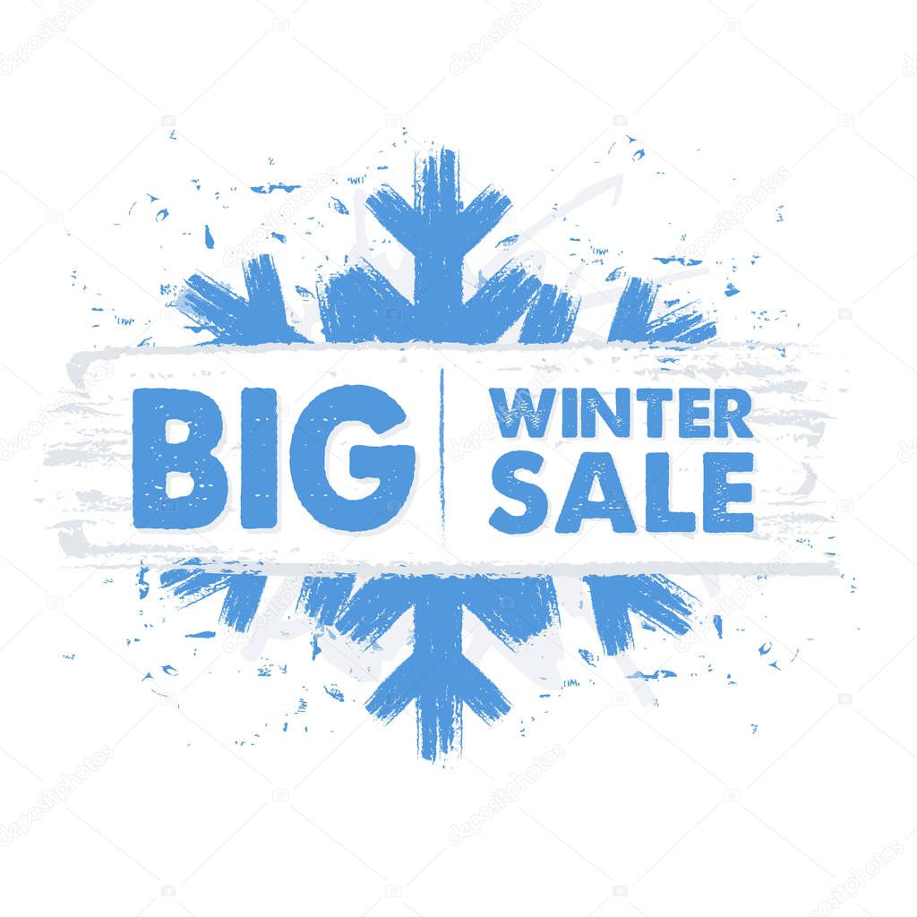big winter sale in blue drawn banner with snowflake, vector