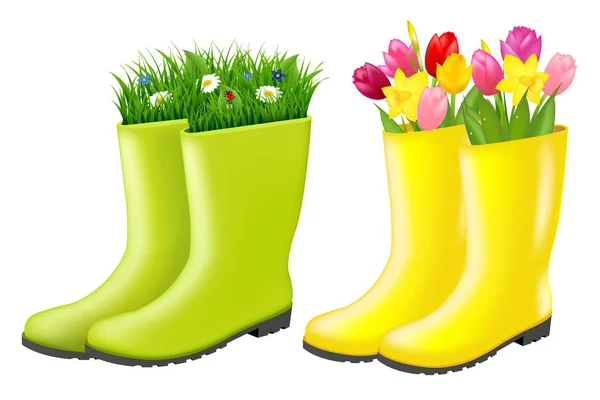 Gumboots Set With Grass And Flowers — Stock Vector