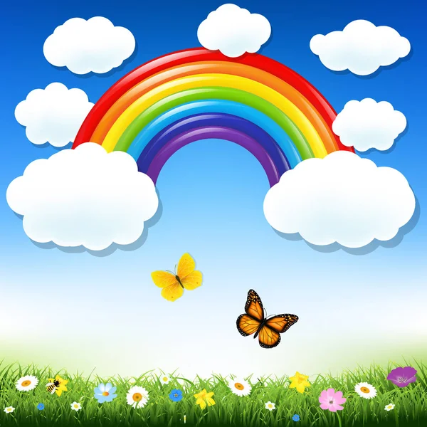 Rainbow And beautiful meadow — Stock Vector
