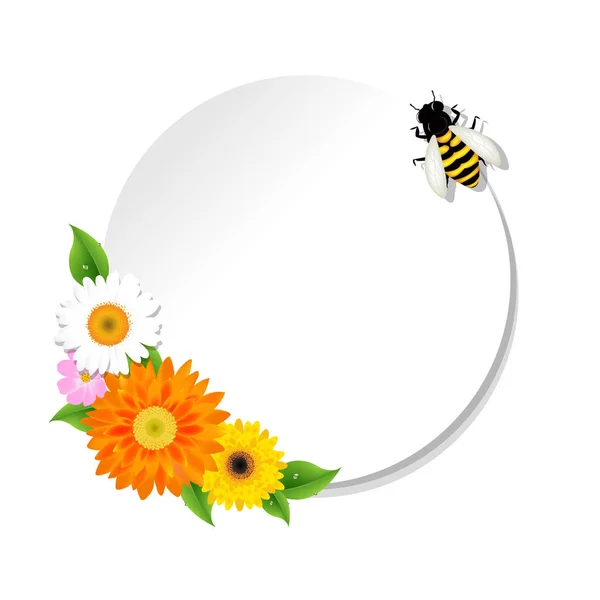 Flores y abeja en bandera blanca — Vector de stock