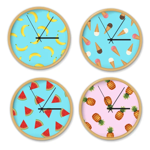 Relojes con conjunto de patrones de alimentos — Vector de stock