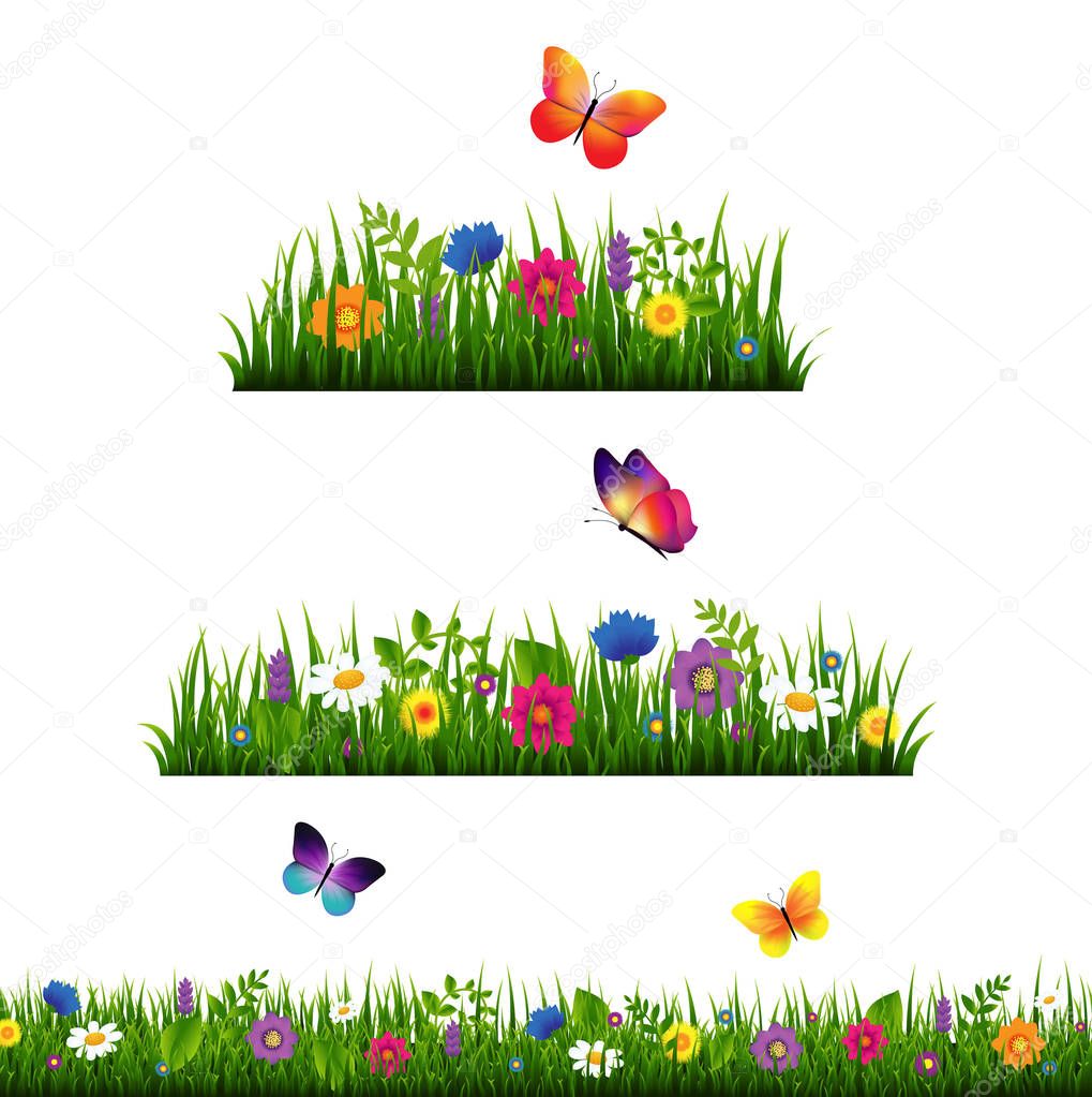 Grass Border With Flowers Collection Isolated With Gradient Mesh, Vector Illustration