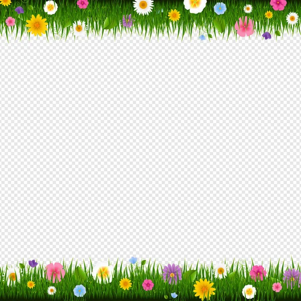Gras Und Blumen Rand Transparenter Hintergrund Mit Gradientennetz Vektorillustration — Stockvektor