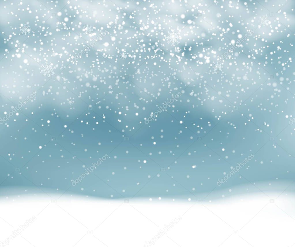 Winter Background With Snowfall With Snowflakes With Gradient Mesh, Vector Illustration
