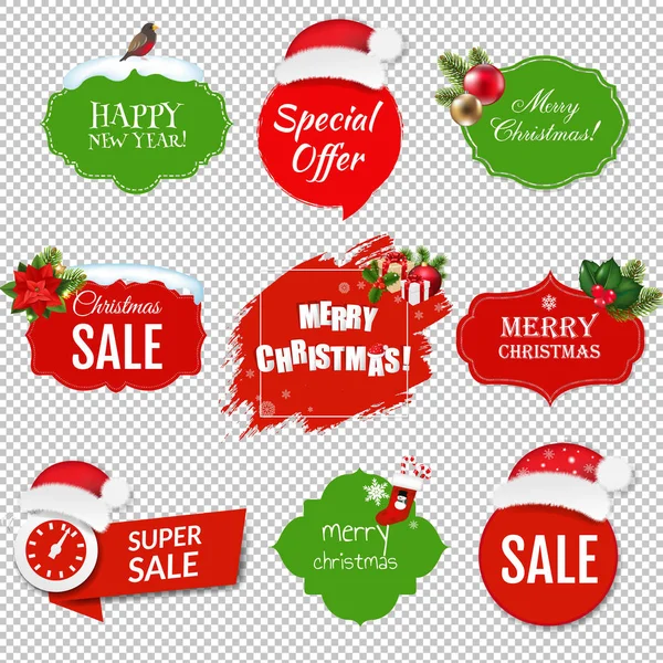 Feliz Navidad Etiquetas Conjunto Aislado Fondo Transparente Con Malla Gradiente — Vector de stock