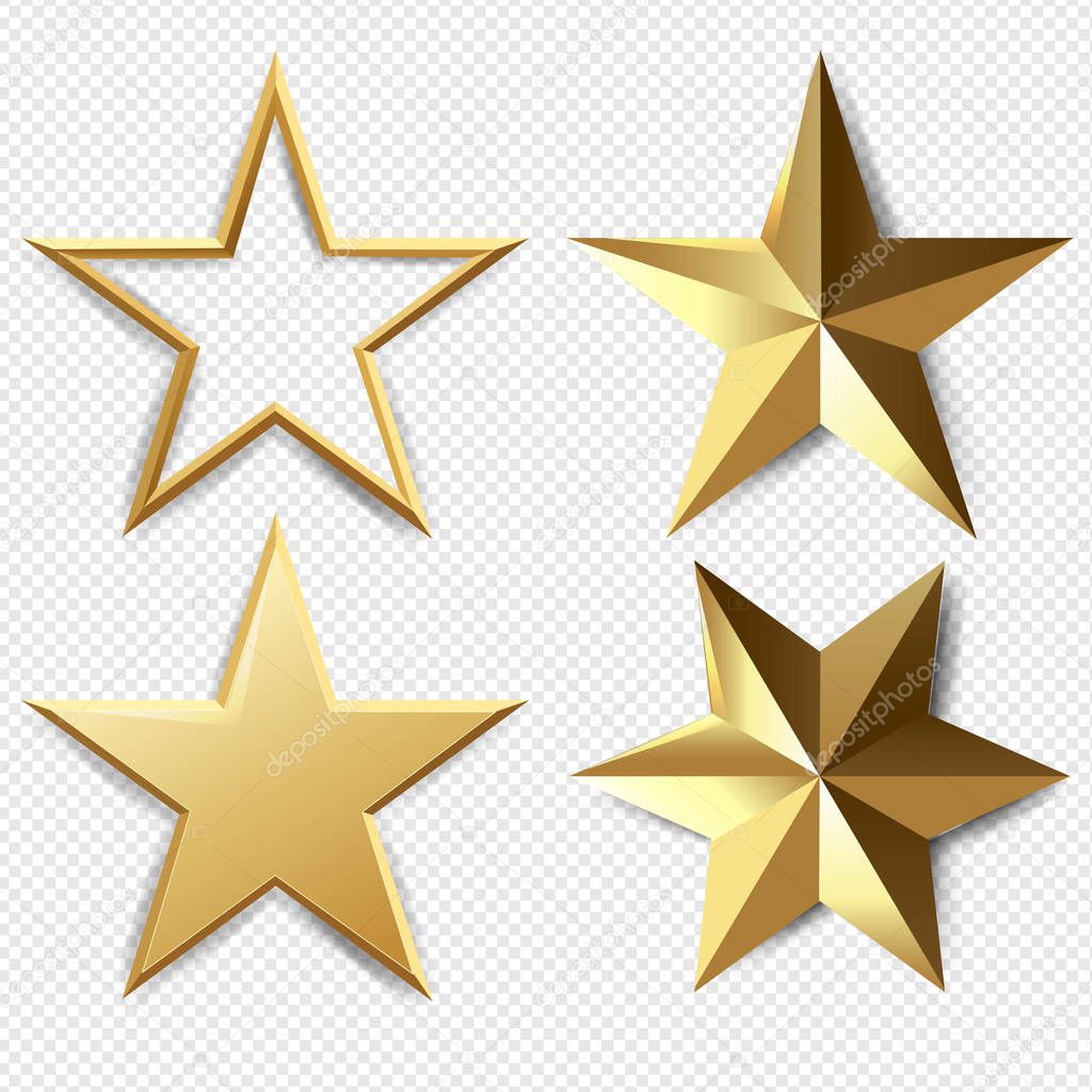 Golden Stars Set Isolated Transparent Background With Gradient Mesh, Vector Illustration
