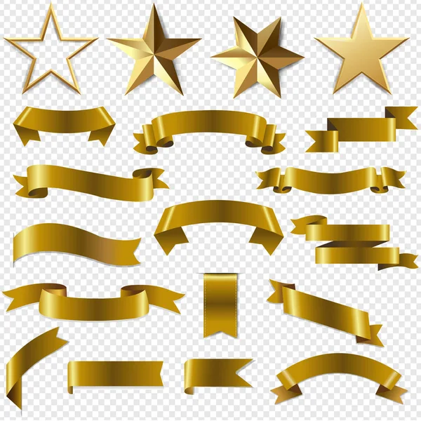 Golden Ribbons Stars Set Transparent Gradient Mesh Vector Illustration — Stock Vector