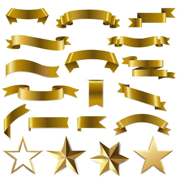 Golden Ribbons Stars Set White Background — Stock Vector
