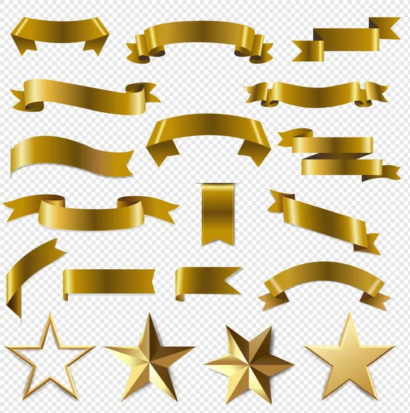 黄金のリボンと星が透明な背景を設定 — ストックベクタ