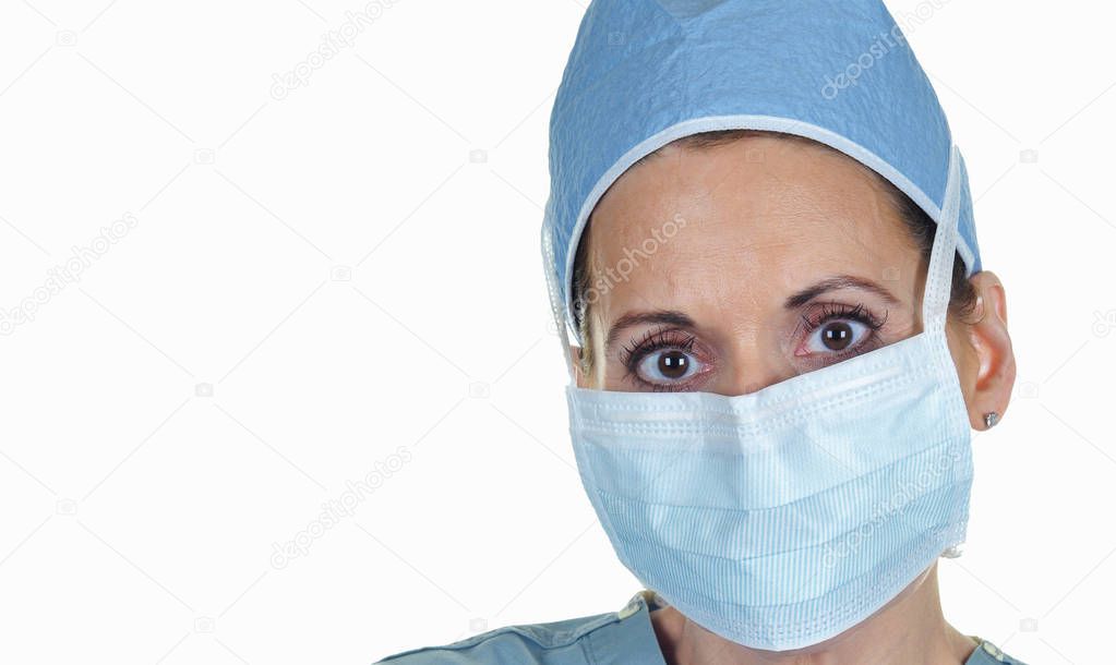 Female Doctor or Nurse Wearing a Face Mask as part of the Protective Gear used against the Coronavirus.  