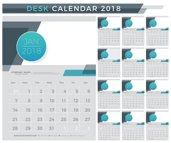 Bureau kalender 2018 planner ontwerpsjabloon. Set van 12 maanden. Week begint zondag. Briefpapierontwerp. — Stockvector