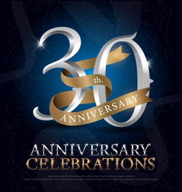 30th years anniversary celebration silver and gold logo with golden ribbon on dark blue background. vector illustrator.eps clipart