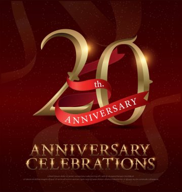 20th years anniversary celebration golden logo with red ribbon on red background. vector illustrator.eps clipart