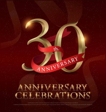 30th years anniversary celebration golden logo with red ribbon on red background. vector illustrator.eps clipart