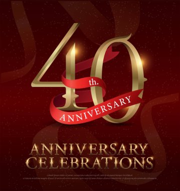 40th years anniversary celebration golden logo with red ribbon on red background. vector illustrator.eps clipart