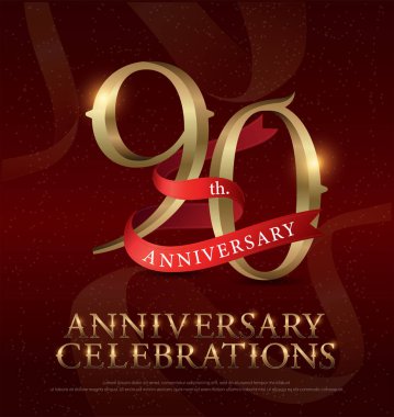 90'ıncı yıl yıldönümü kutlama altın logolu kırmızı zemin üzerine kırmızı kurdele. vektör illustrator.eps