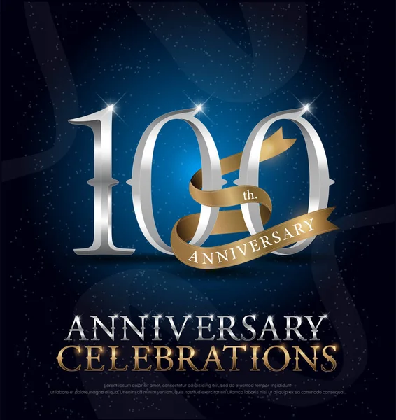 100E Anniversaire Célébration Argent Logo Avec Ruban Sur Fond Bleu — Image vectorielle