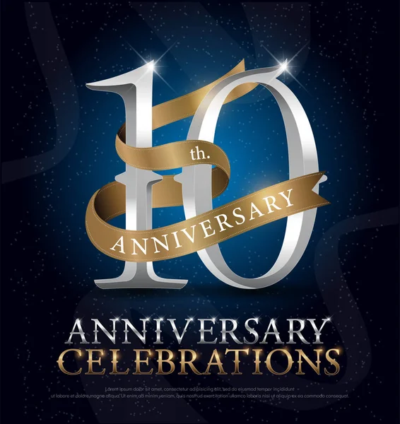 10Th Years Anniversary Celebration Silver Gold Logo Golden Ribbon Dark — Stock Vector