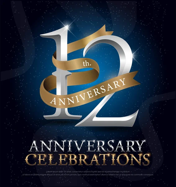 12E Jaar Verjaardag Viering Silver Gold Logo Met Gouden Lint — Stockvector