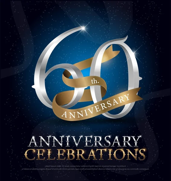 60Th Years Anniversary Celebration Silver Gold Logo Golden Ribbon Dark — Stock Vector