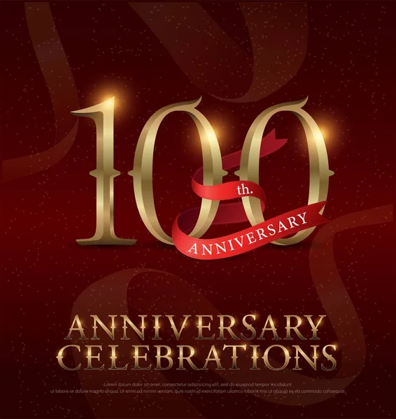 100E Anniversaire Célébration Logo Doré Avec Ruban Rouge Sur Fond — Image vectorielle