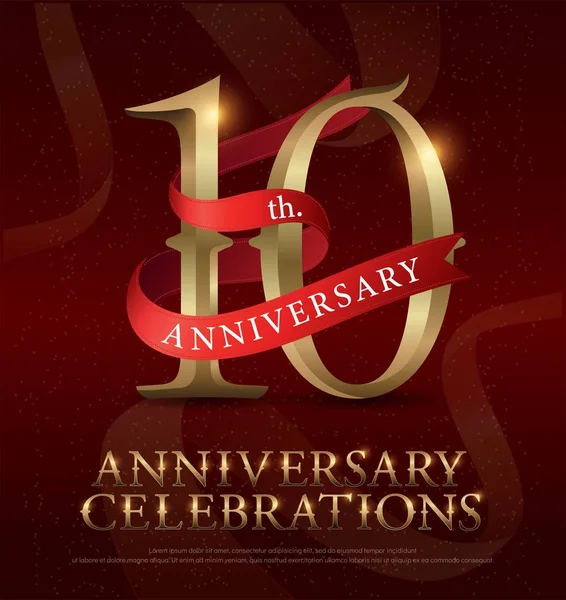 10Th Years Anniversary Celebration Golden Logo Red Ribbon Red Background — Stock Vector
