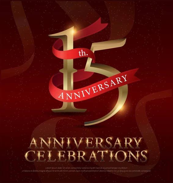 15Th Years Anniversary Celebration Golden Logo Red Ribbon Red Background — Stock Vector