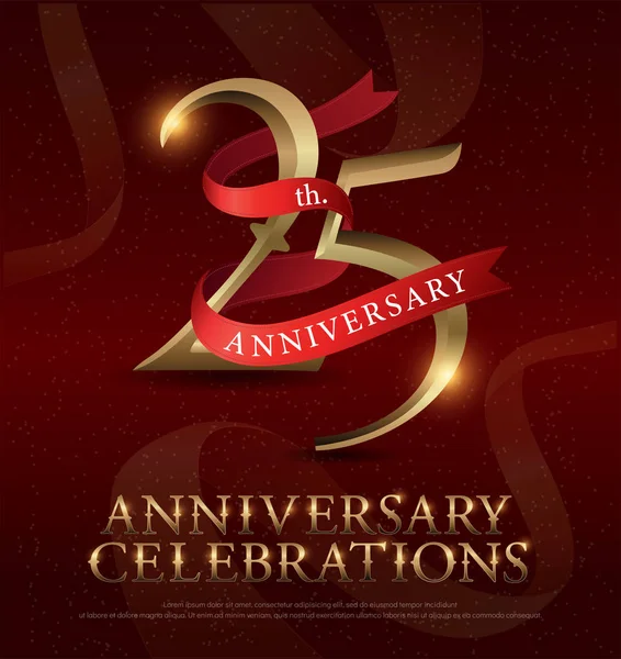 25 yıl yıldönümü kutlama altın logolu kırmızı zemin üzerine kırmızı kurdele. vektör illustrator.eps