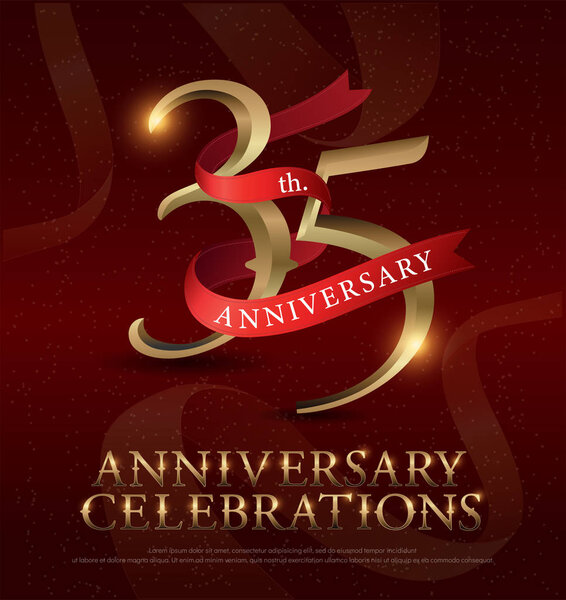 35-летие празднования золотого логотипа с красной лентой на красном фоне. векторные иллюстрации.
